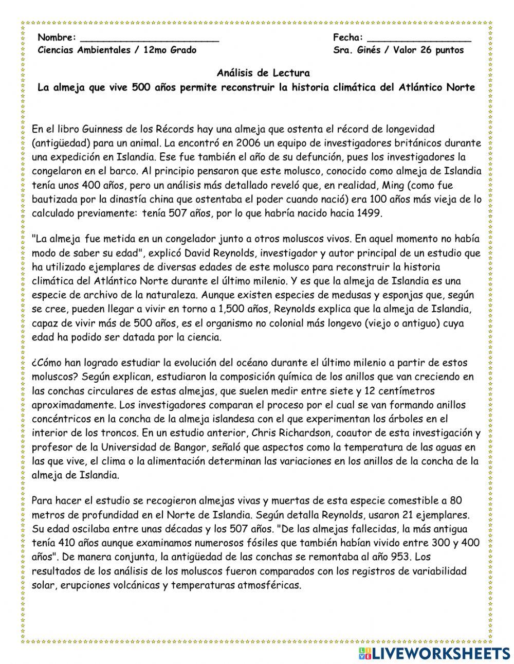 Lectura - La Almeja Que Vive 50 Años