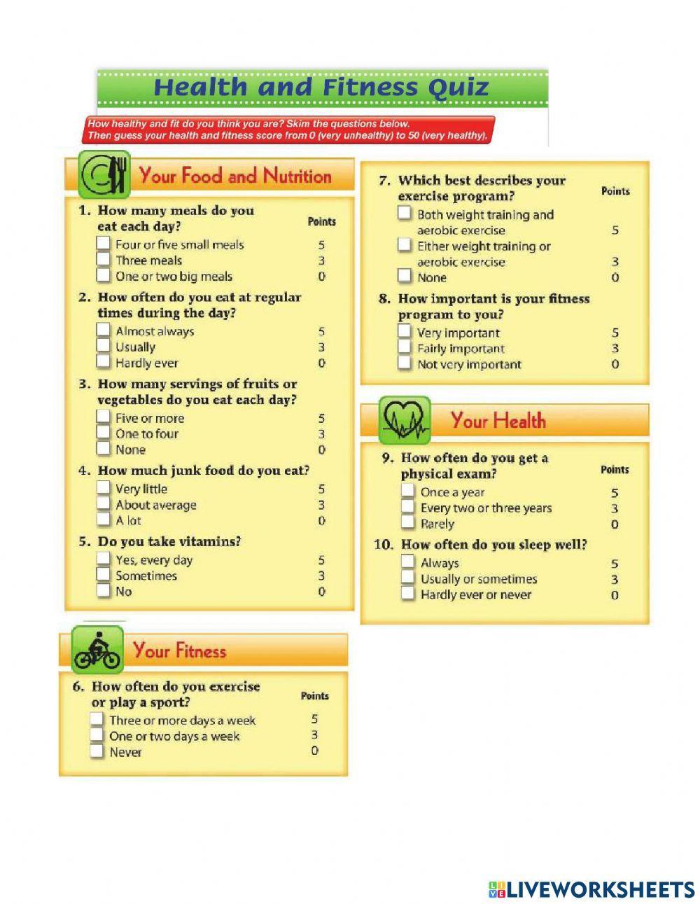 Health and Fitness Quiz interactive worksheet Live Worksheets