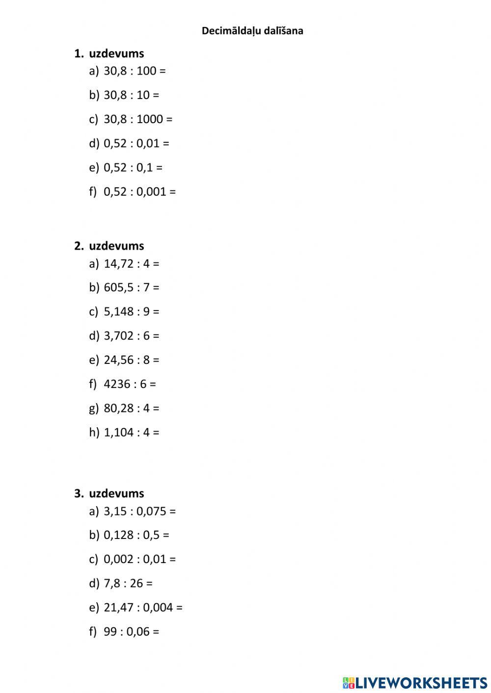 Decimāldaļu dalīšana