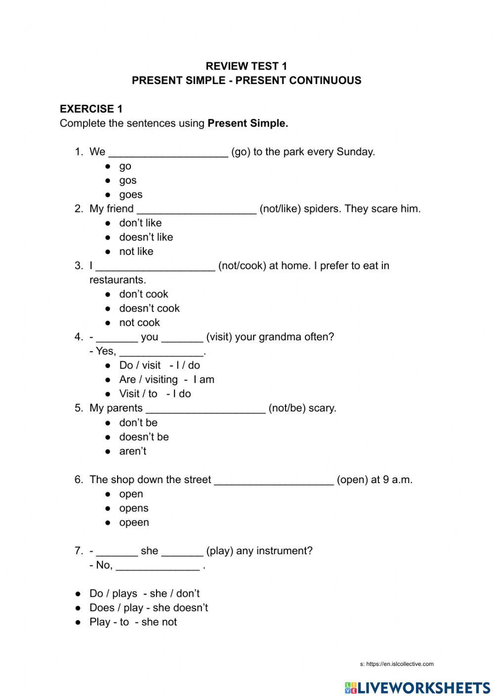 Present simple present continuous review worksheet | Live Worksheets