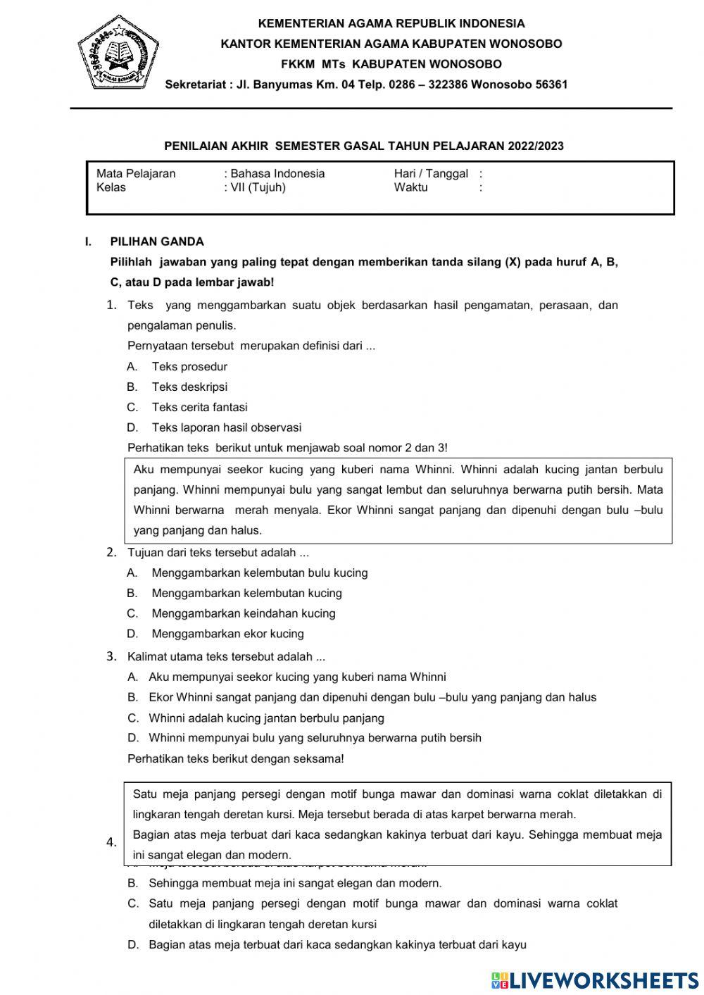 PAS Bahasa Indonesia kelas VII