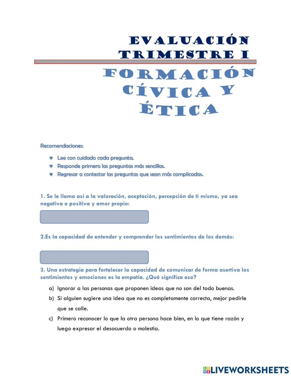 Examen Formación Cívica y Ética primer trimestre