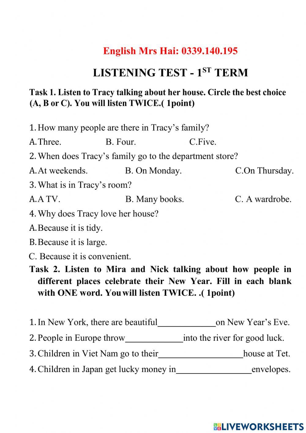 Tiếng Anh 6- Listening Test  2- cuối kì 1