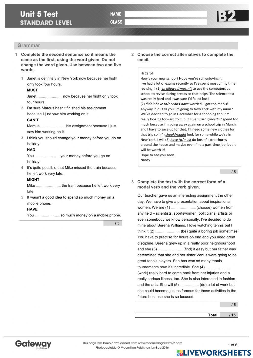 Gateway B2 Unit 5 Test Online Exercise For | Live Worksheets