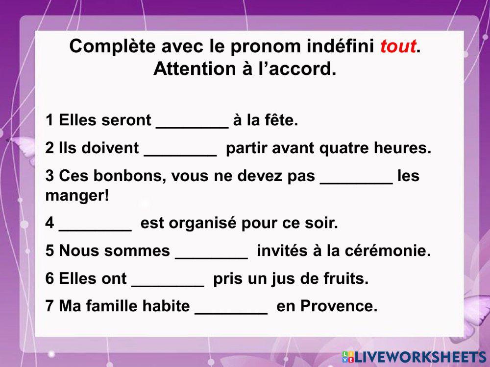 Adjectif tout free interactive worksheets 6916018