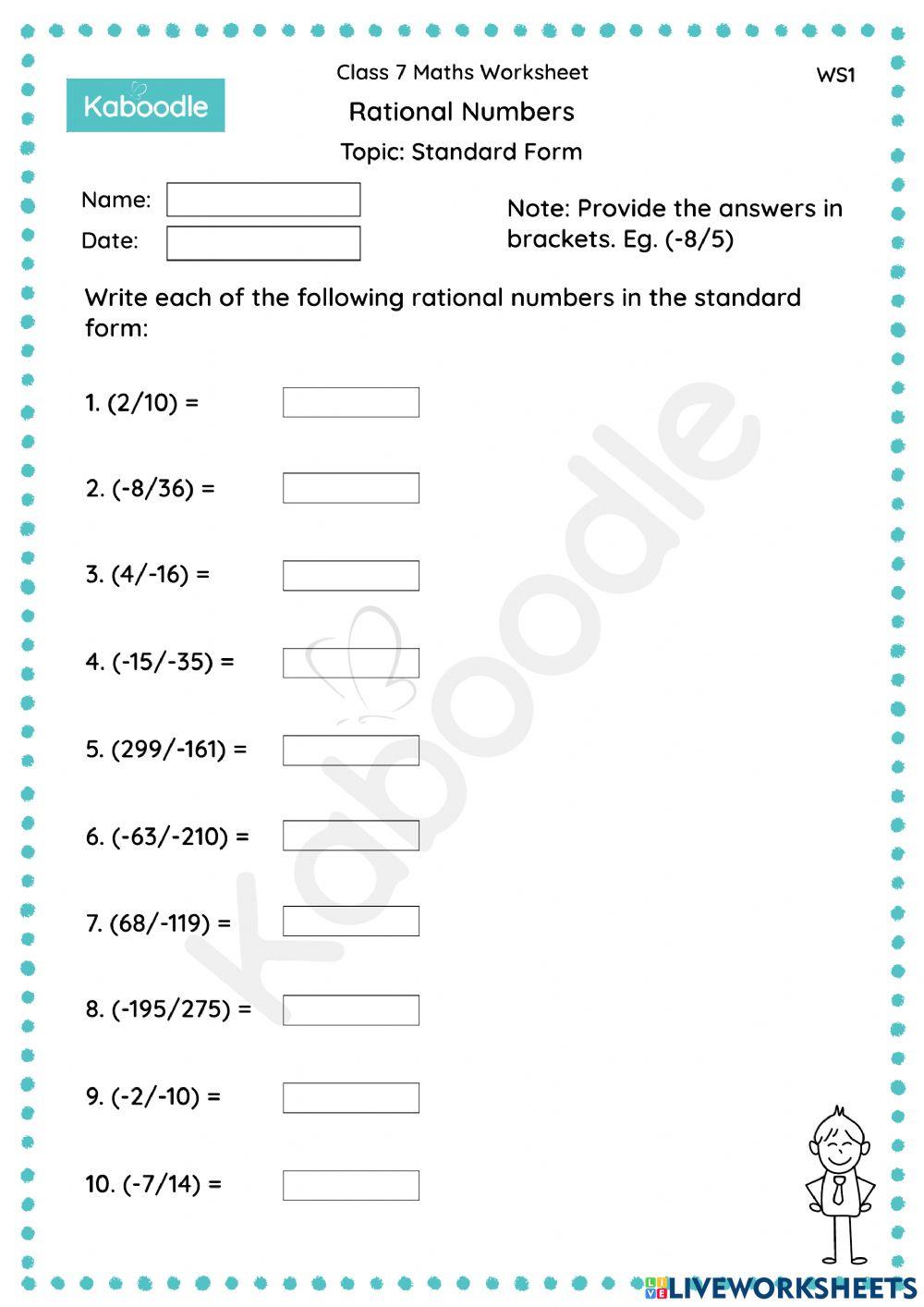 Rational Numbers (Standard Form) worksheet Live Worksheets