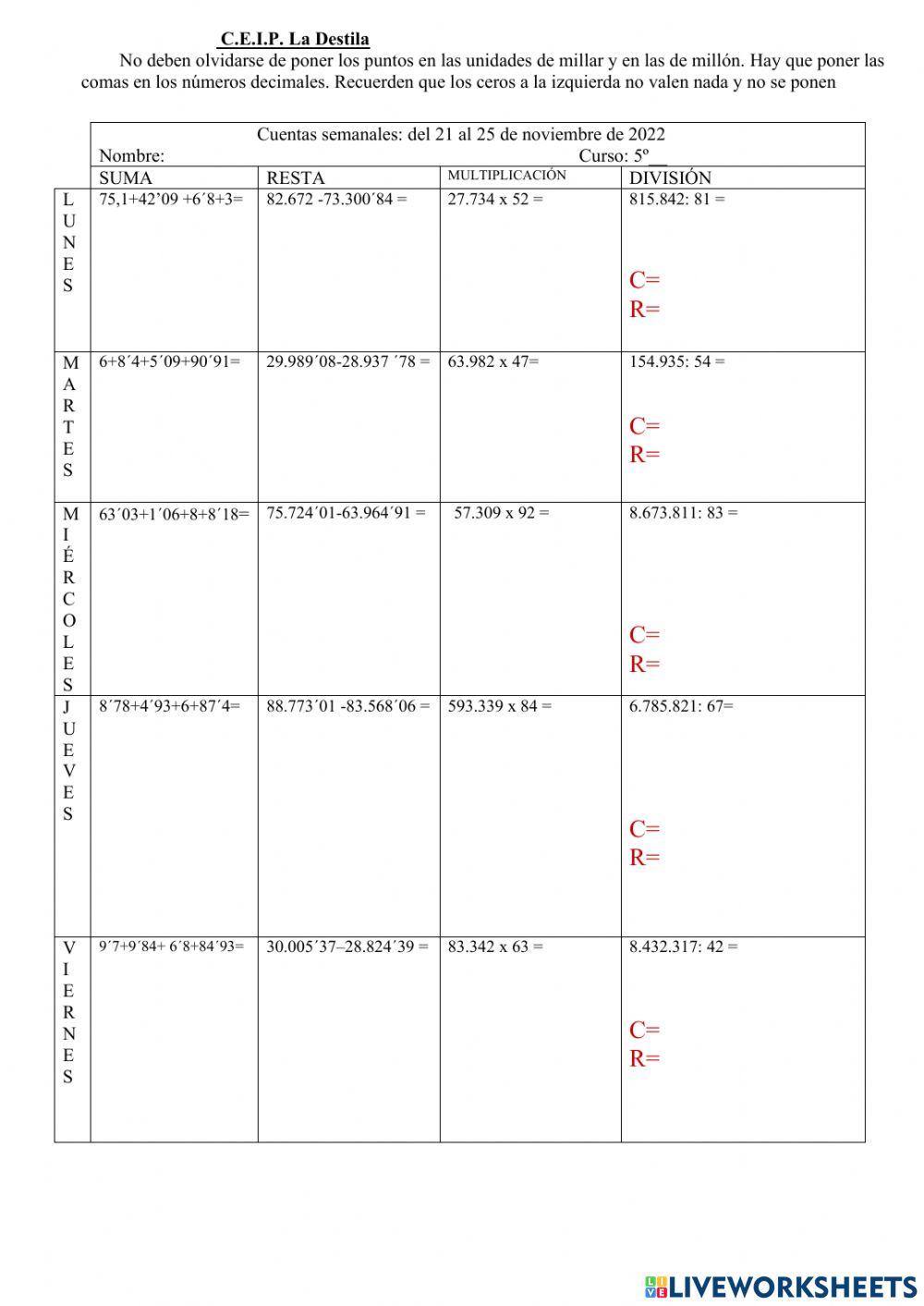 Cuentas semanales de noviembre (últimas)