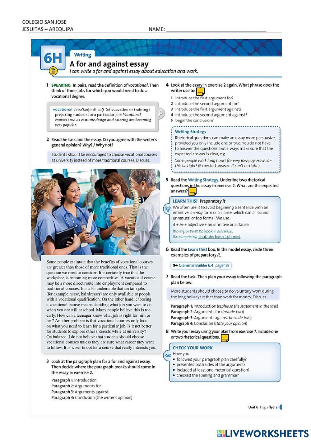 A for and against essay