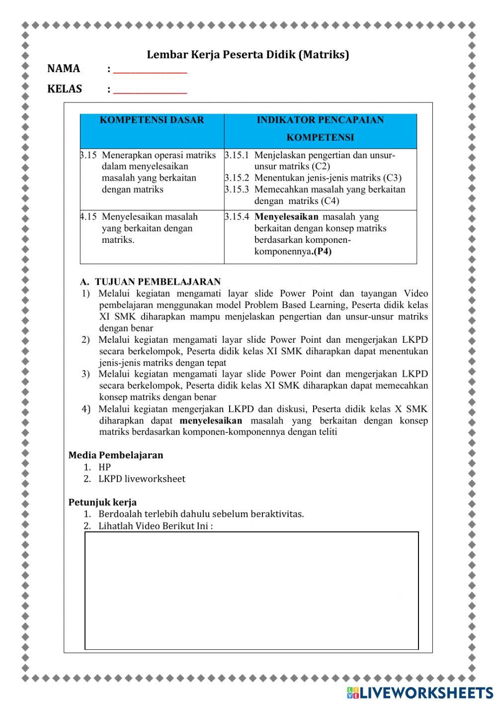 Lembar Kerja Peserta Didik Matriks ke-1