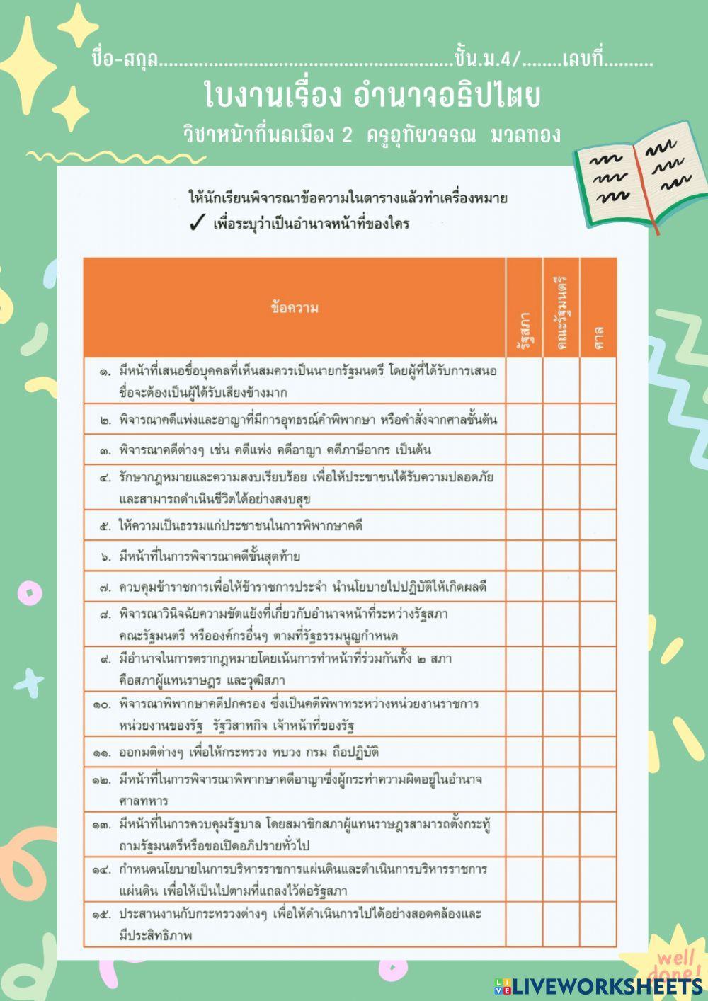 ใบงานเรื่องอำนาจอธิปไตย ม.4