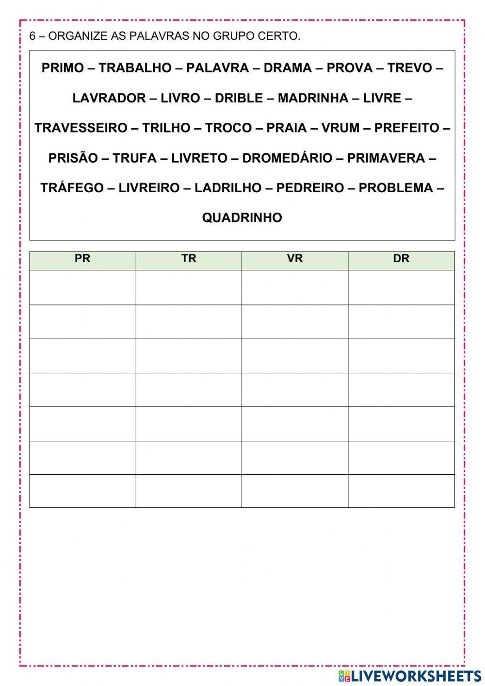 Letra R entre consoantes e vogais