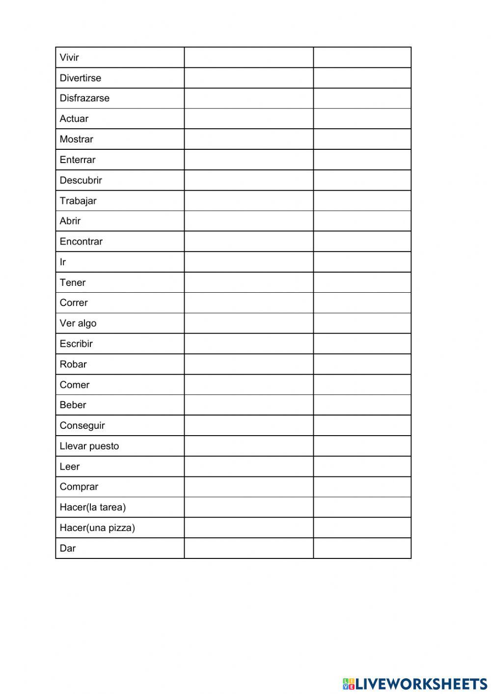 PAST OF REGULAR AND IRREGULAR VERBS 6º