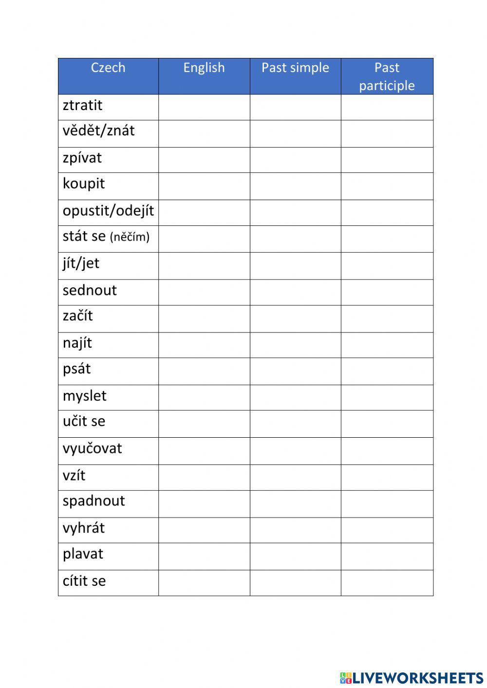 Irregular verbs - worksheet 7. tř