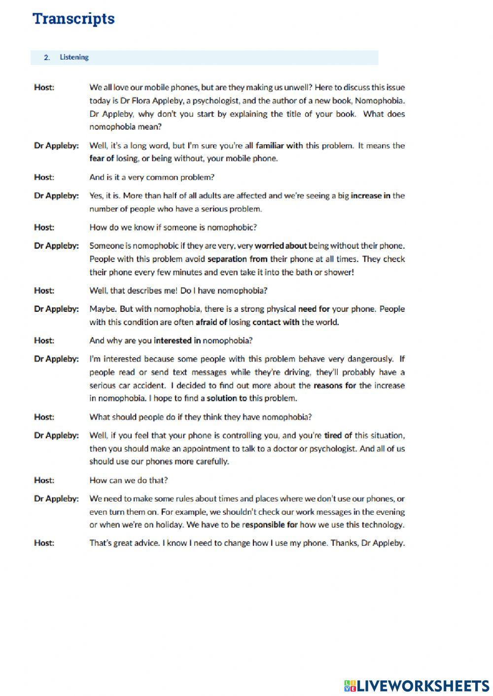 Transcript worksheet | Live Worksheets