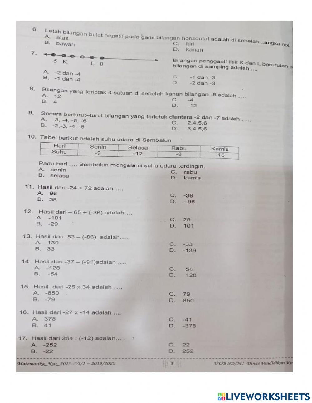 Soal PAS Ganjil Matematika kelas 6