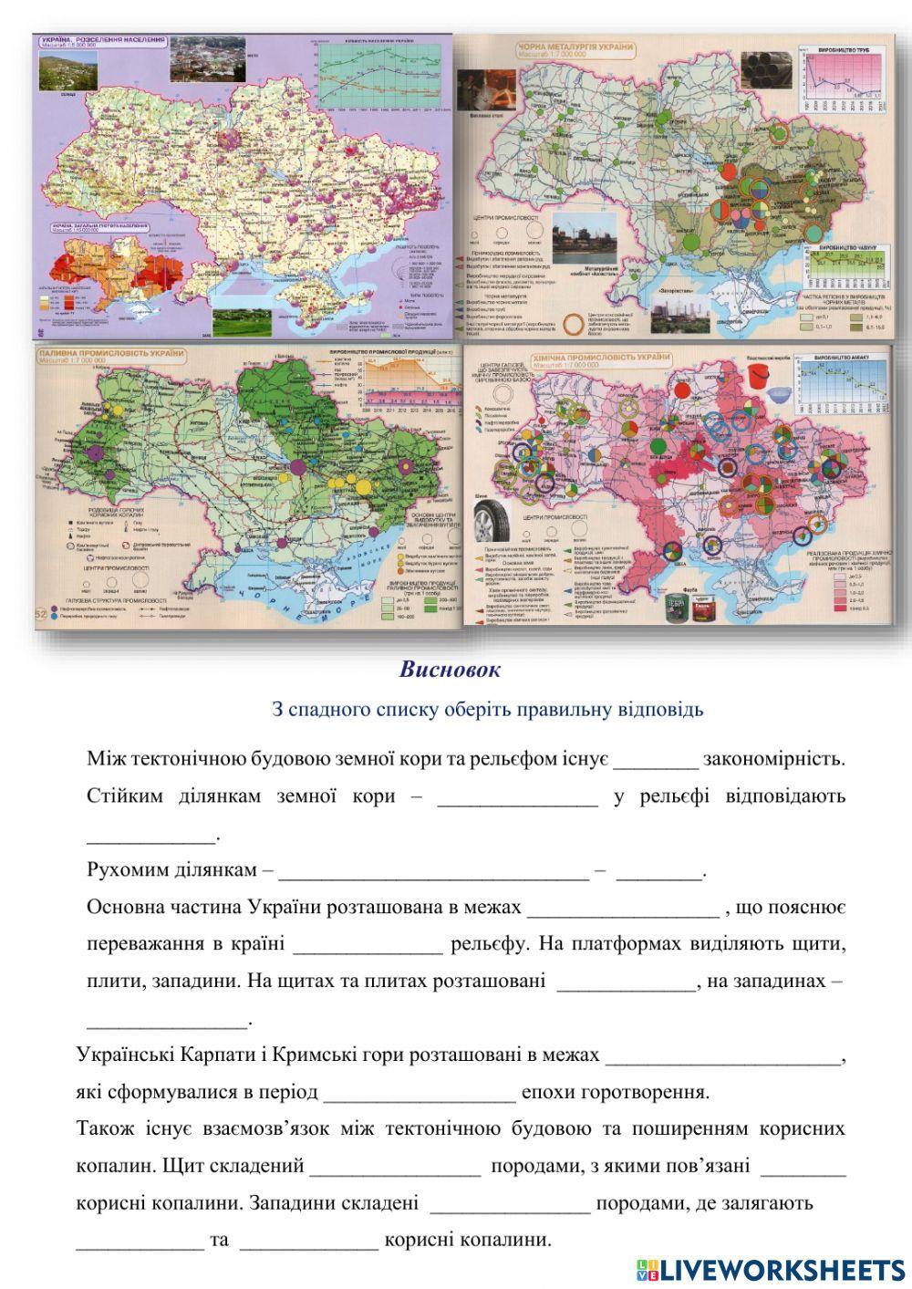 Встановлення за тематичними картами України зв’язків між тектонічною будовою, рельєфом мінеральними ресурсами і густотою населення