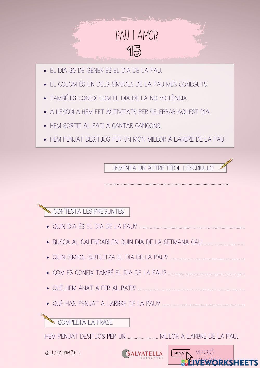 COMPRENSIÓ LECTORA 15: PAU I AMOR