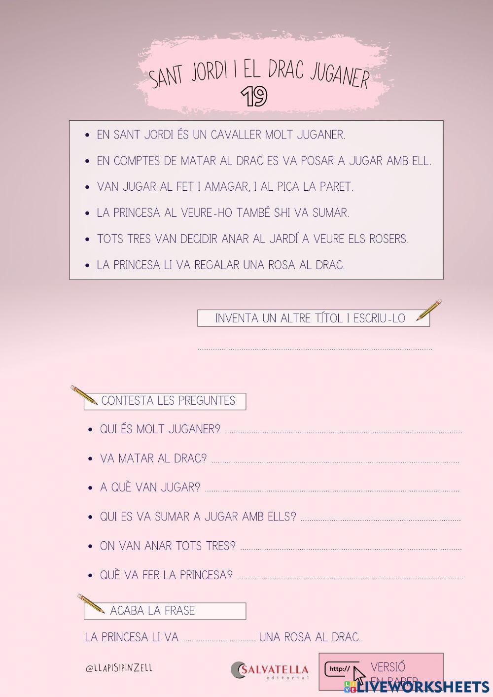 COMPRENSIÓ LECTORA 19: SANT JORDI I EL DRAC JUGANER