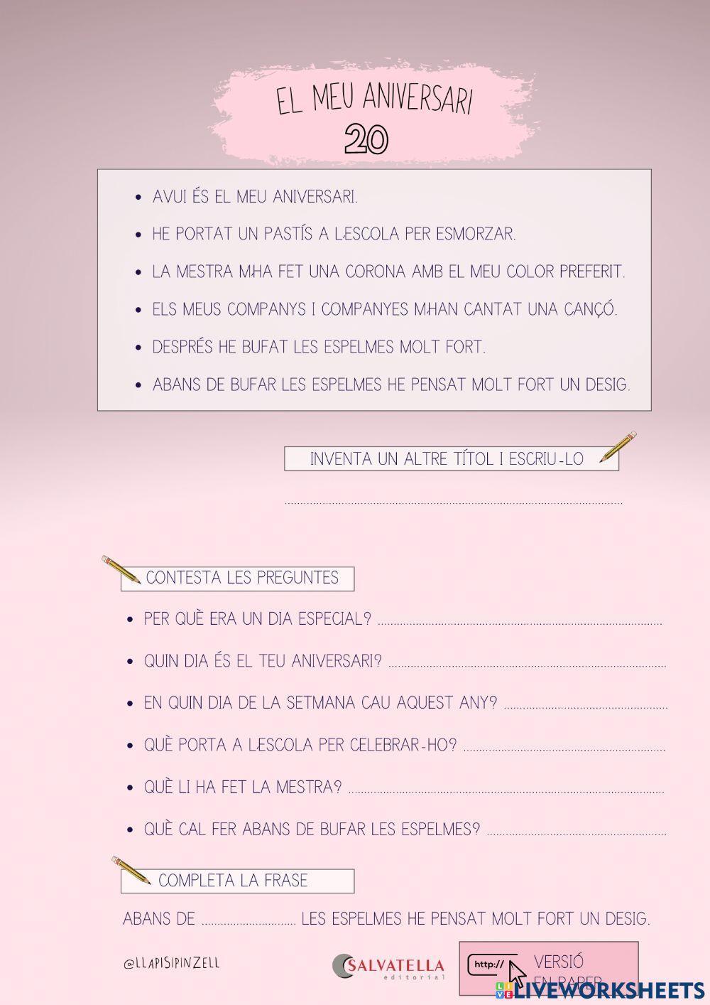 COMPRENSIÓ LECTORA 20: EL MEU ANIVERSARI