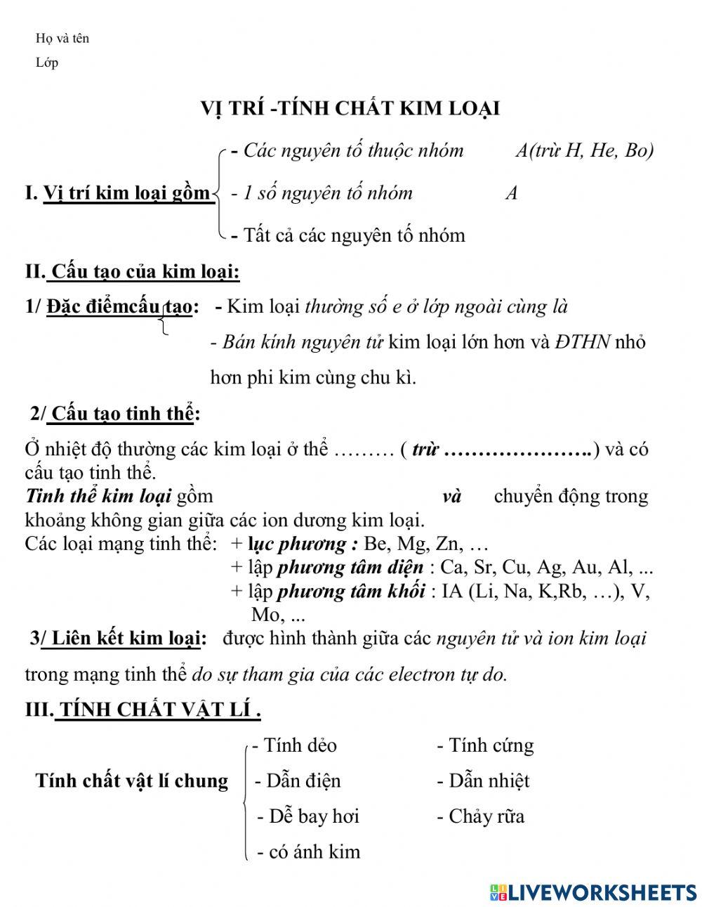 Vị Trí tính chất Kim loại