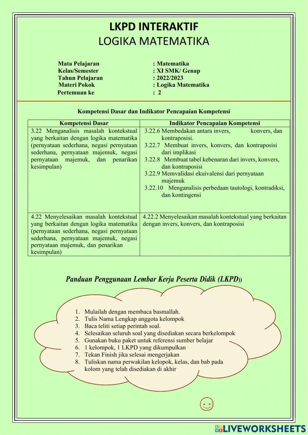 LKPD Konvers, Invers, Kontraposisi