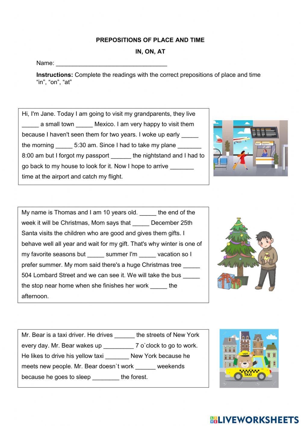 Prepositions of place and time  -in-, -on-, -at-