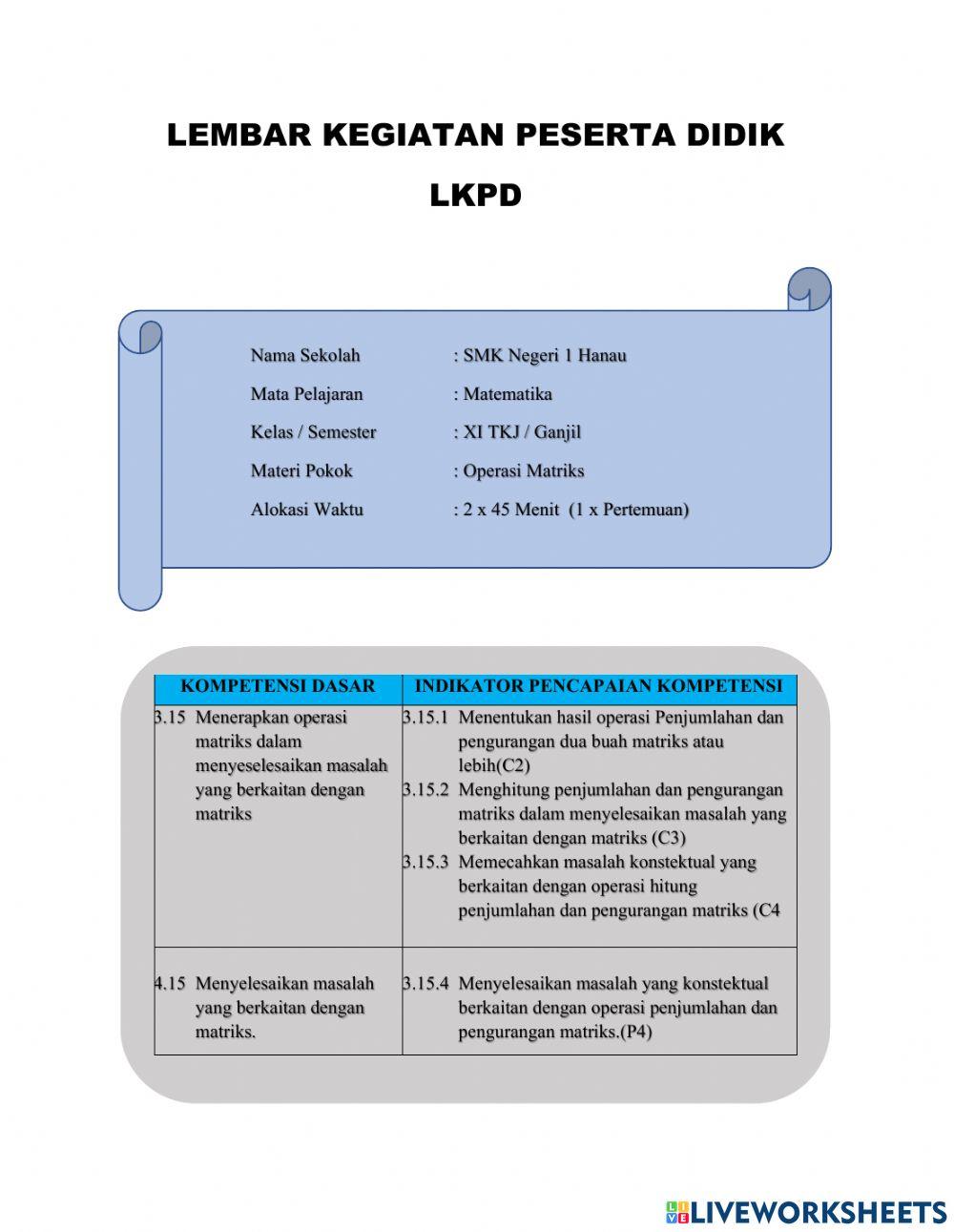 Operasi matriks penjumlahan dan pengurangan