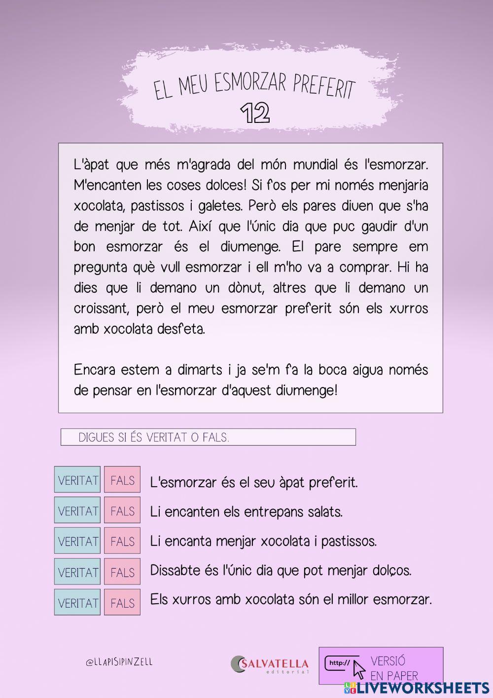 COMPRENSIÓ LECTORA 32: El meu esmorzar preferit