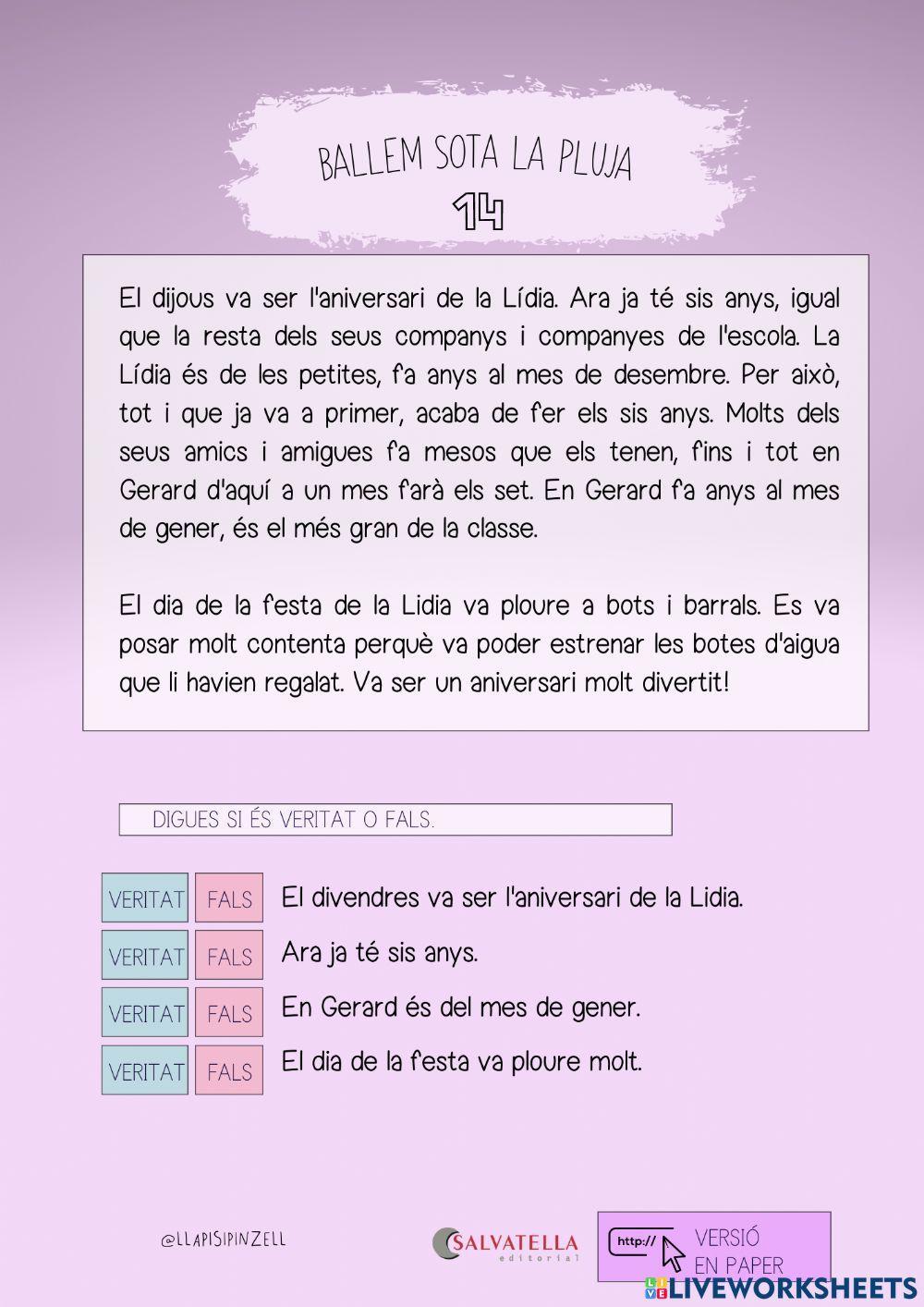 COMPRENSIÓ LECTORA 34: Ballem sota la pluja