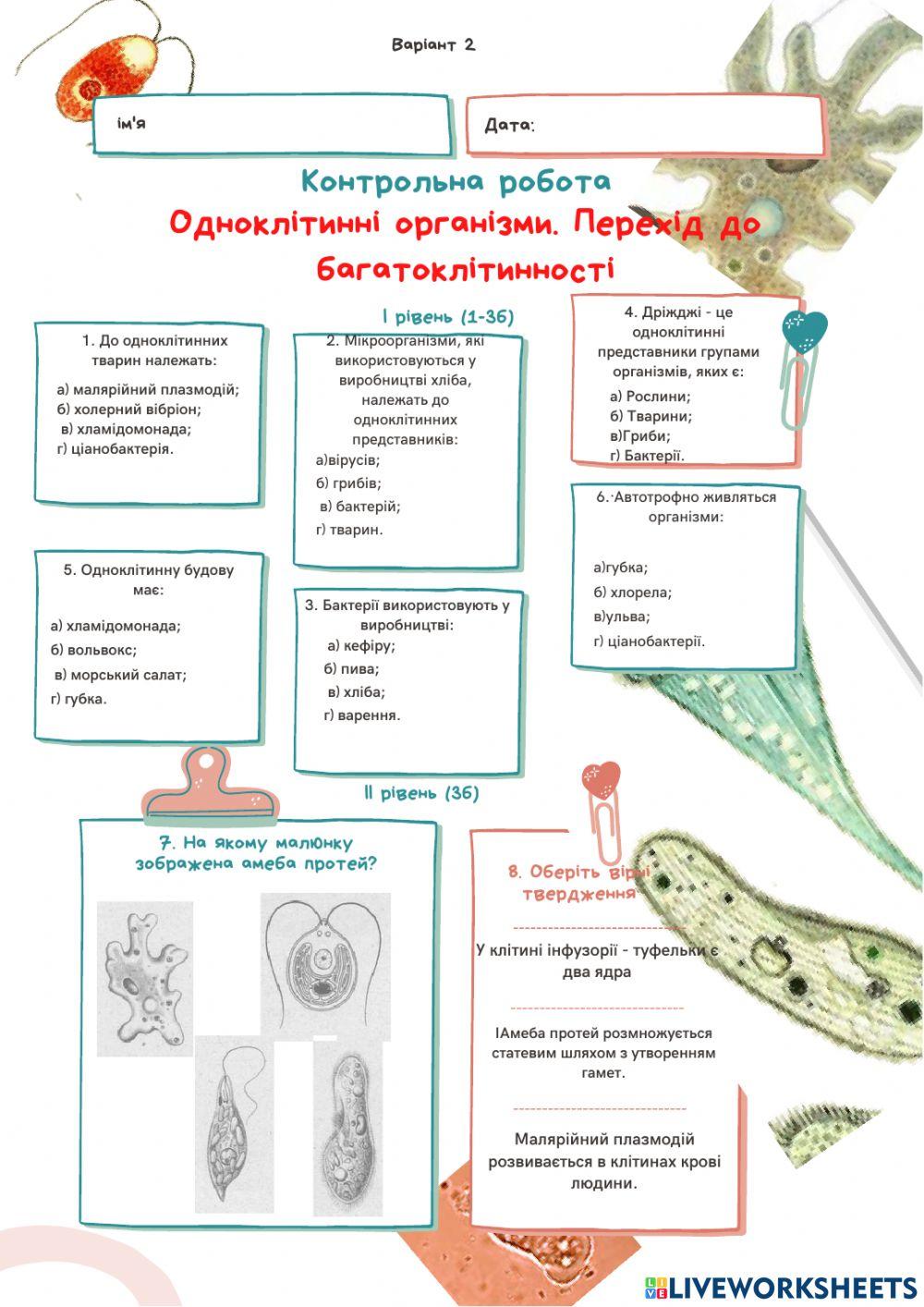 Контрольна робота. Одноклітинні організми. перехід до багатоклітинності