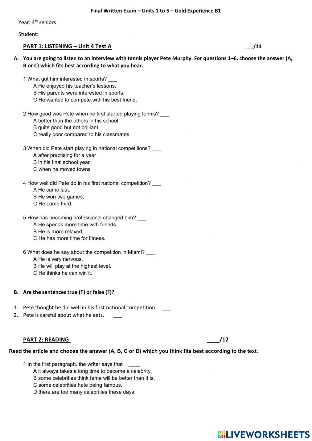 Gold Experience B1 unit 1 to 5 Final Test