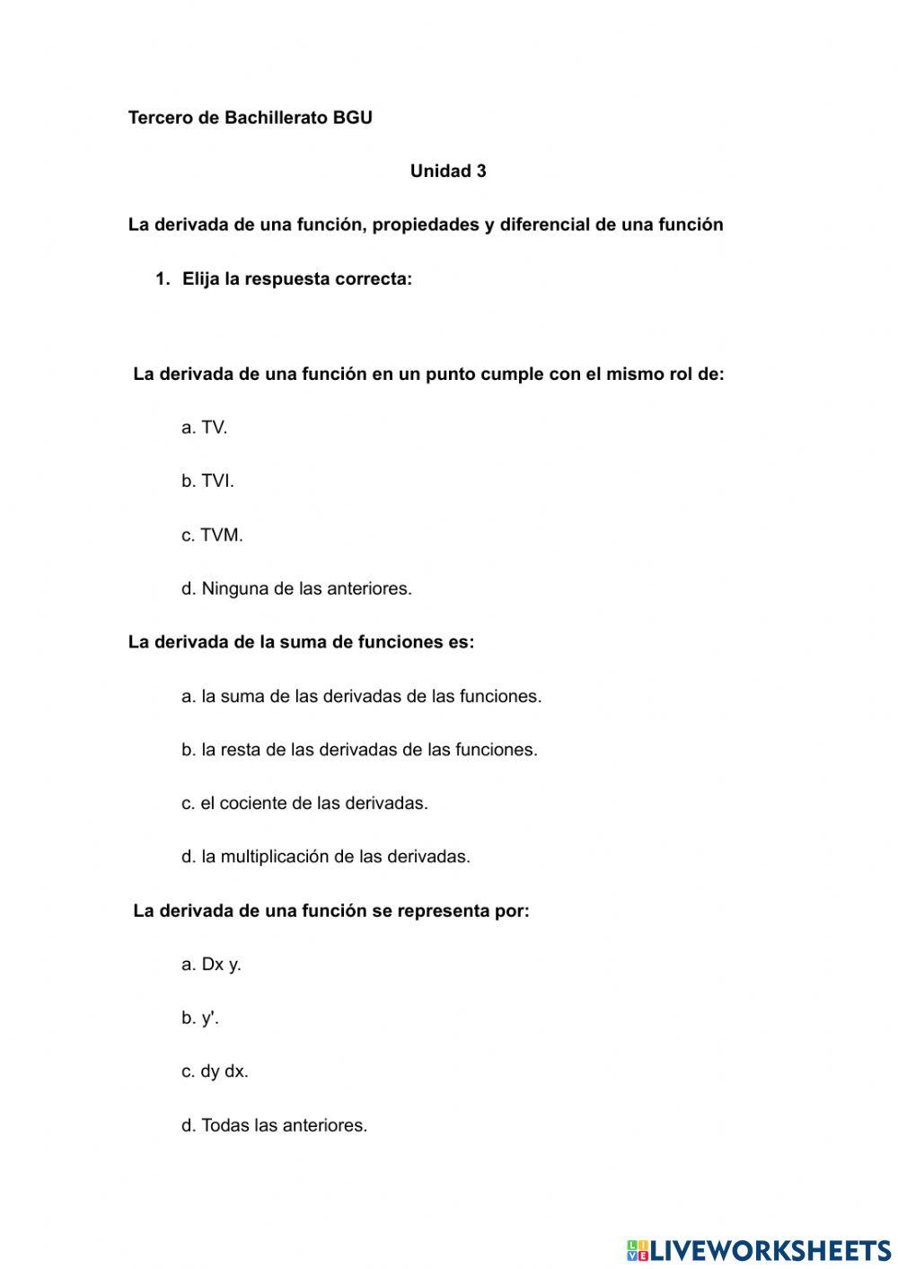 3Bachillerato BGU unidad 3 La derivada de una función, propiedades y diferencial de una función