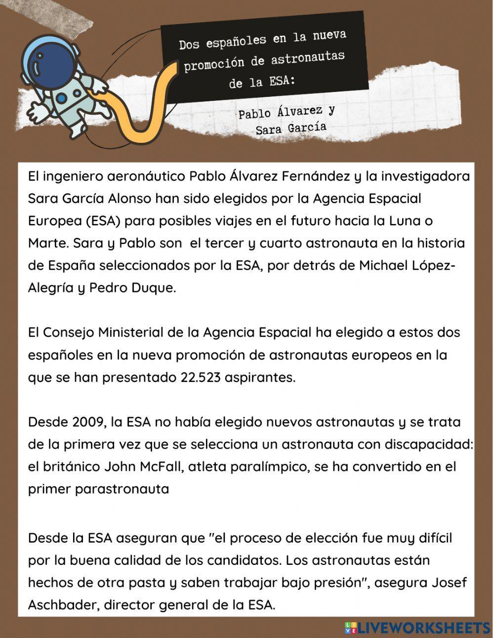 Dos españoles la nueva promoción de astronautas de la ESA: Pablo Álvarez y Sara García