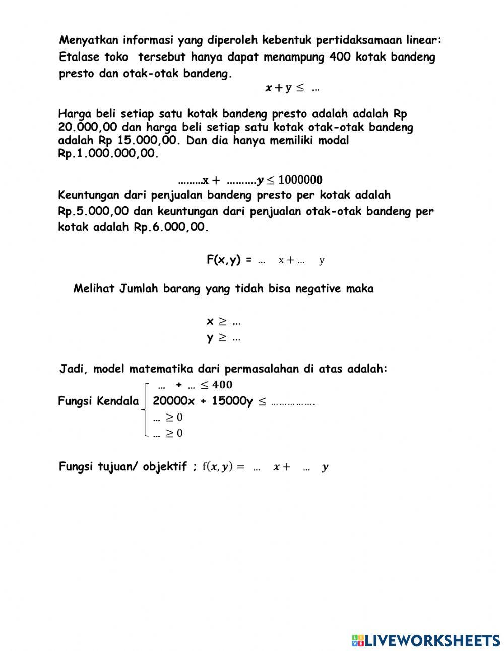 LKPD PROGRAM LINEAR (Model Matematika) worksheet | Live Worksheets