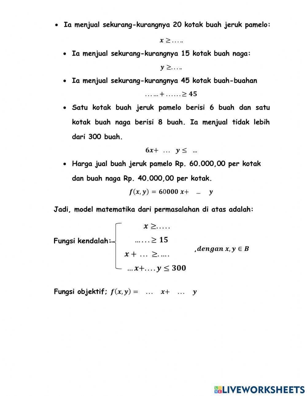 LKPD PROGRAM LINEAR (Model Matematika) worksheet | Live Worksheets