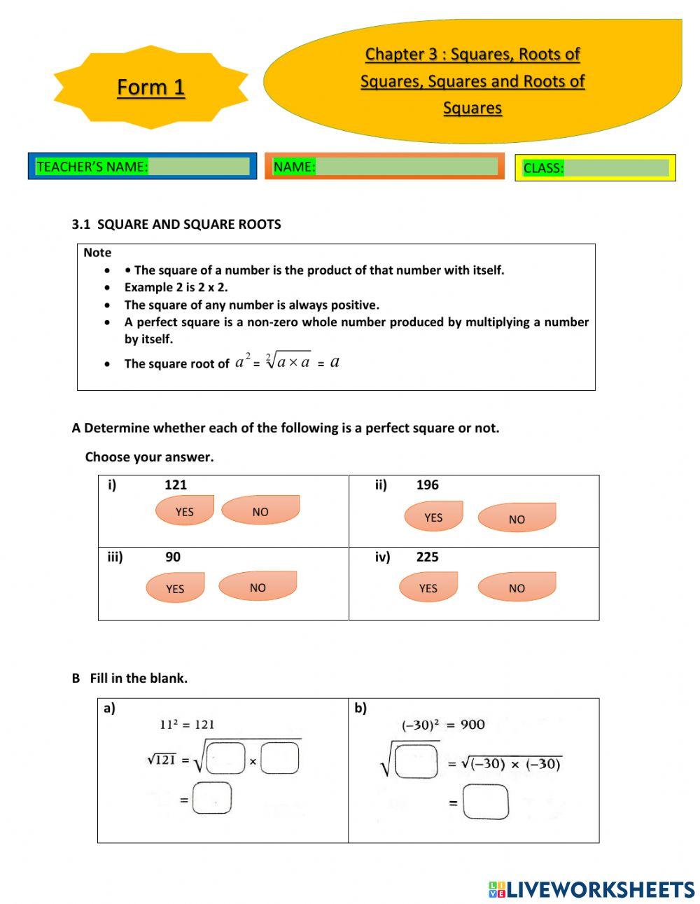 Chapter 3: Squares, Square Roots, Cube, Cube Roots