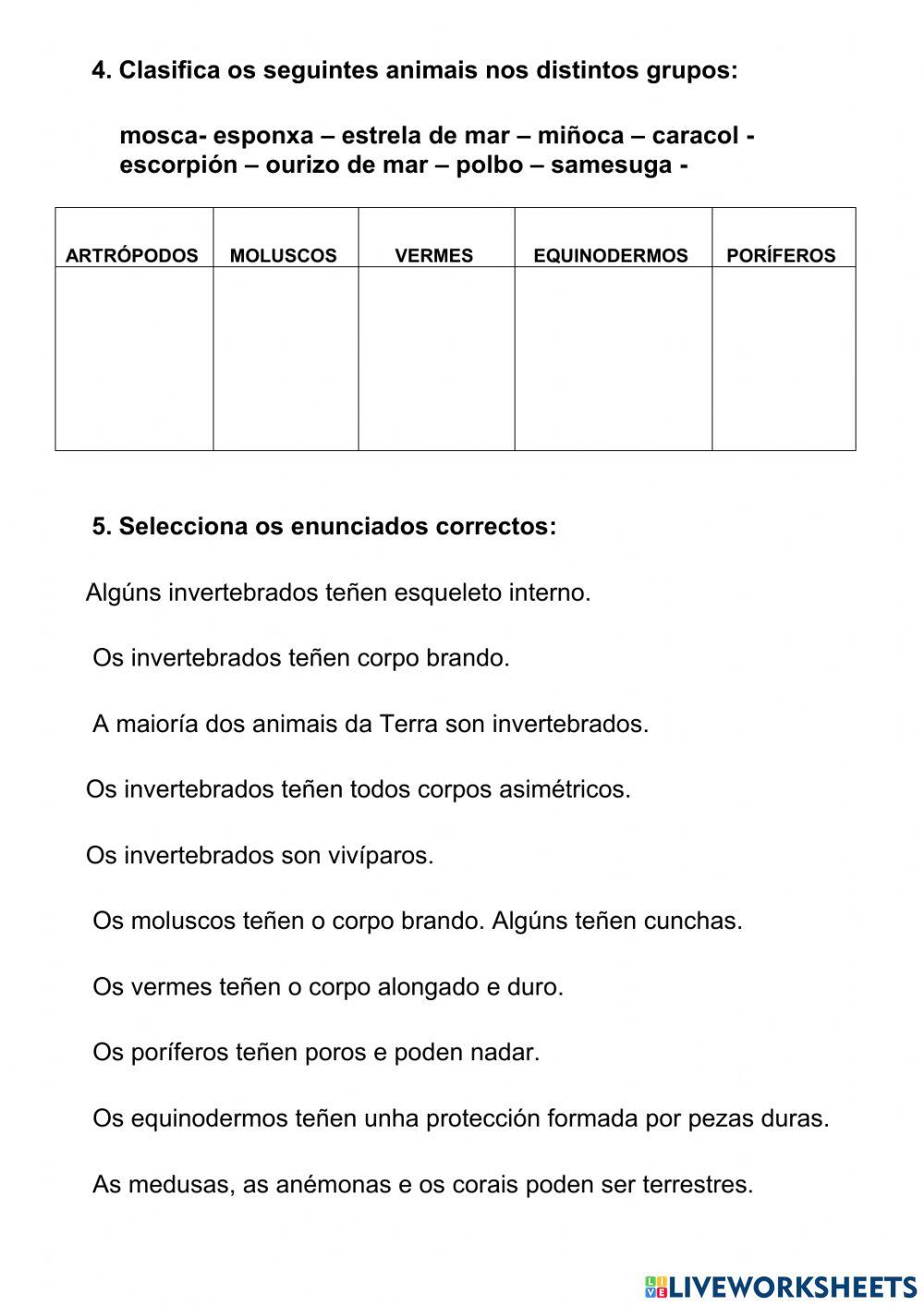 Animais invertebrados e plantas