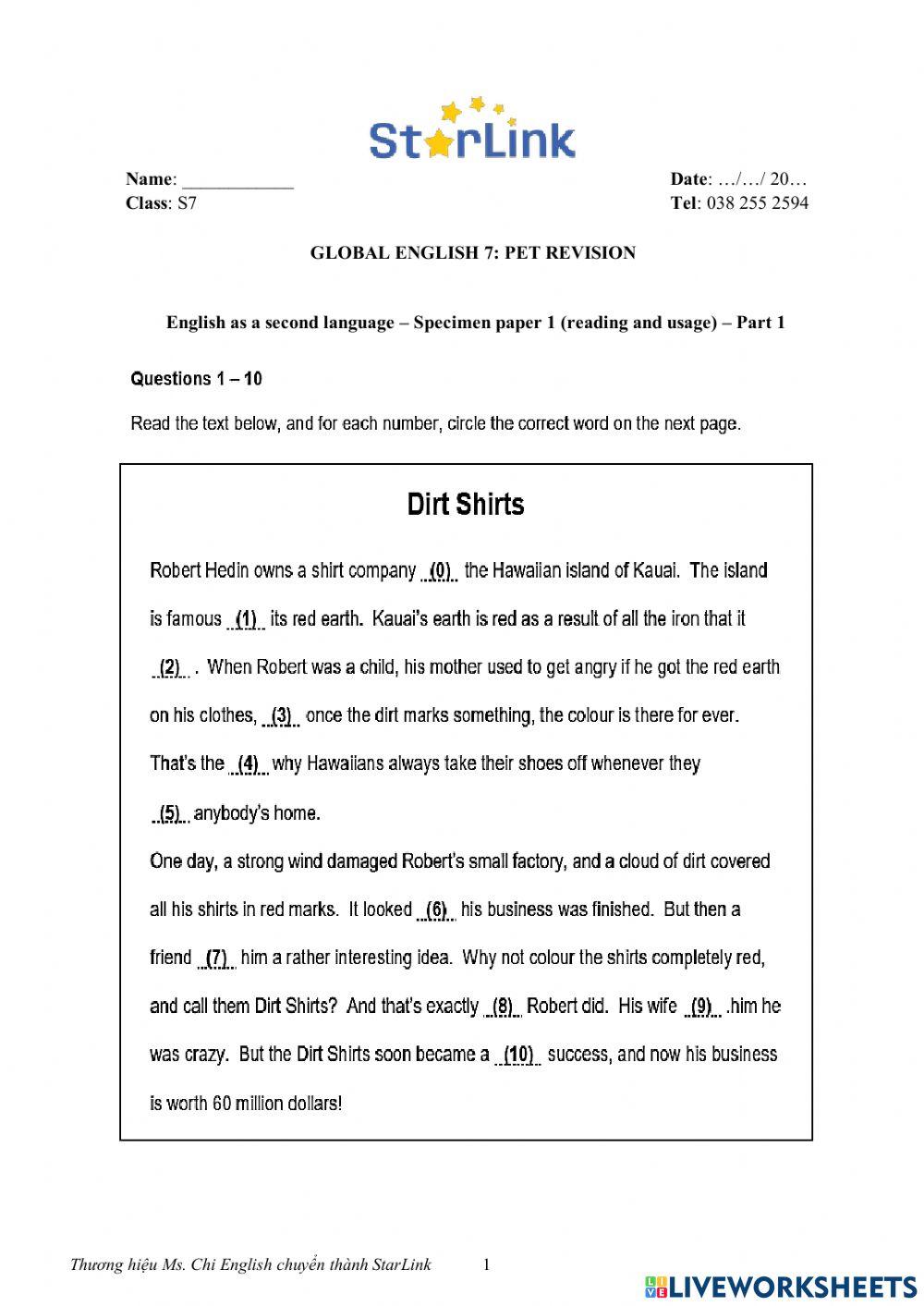 Foreign Teacher - S7 - Week 16 - PET REVISION