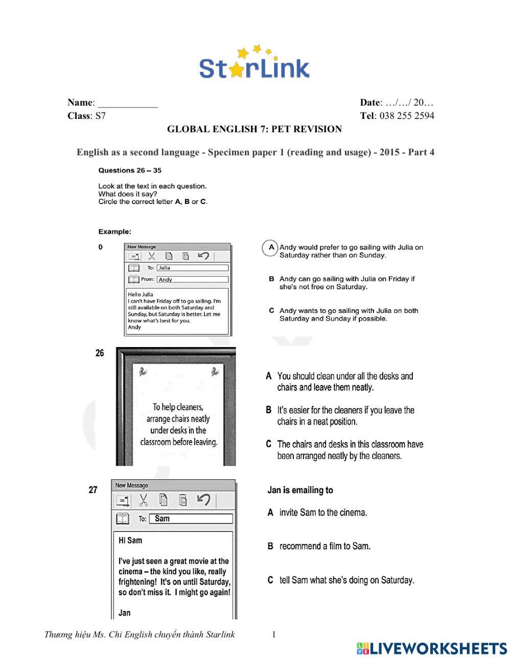 Viet Teacher - S7 - Week 16 - PET REVISION - Part 1