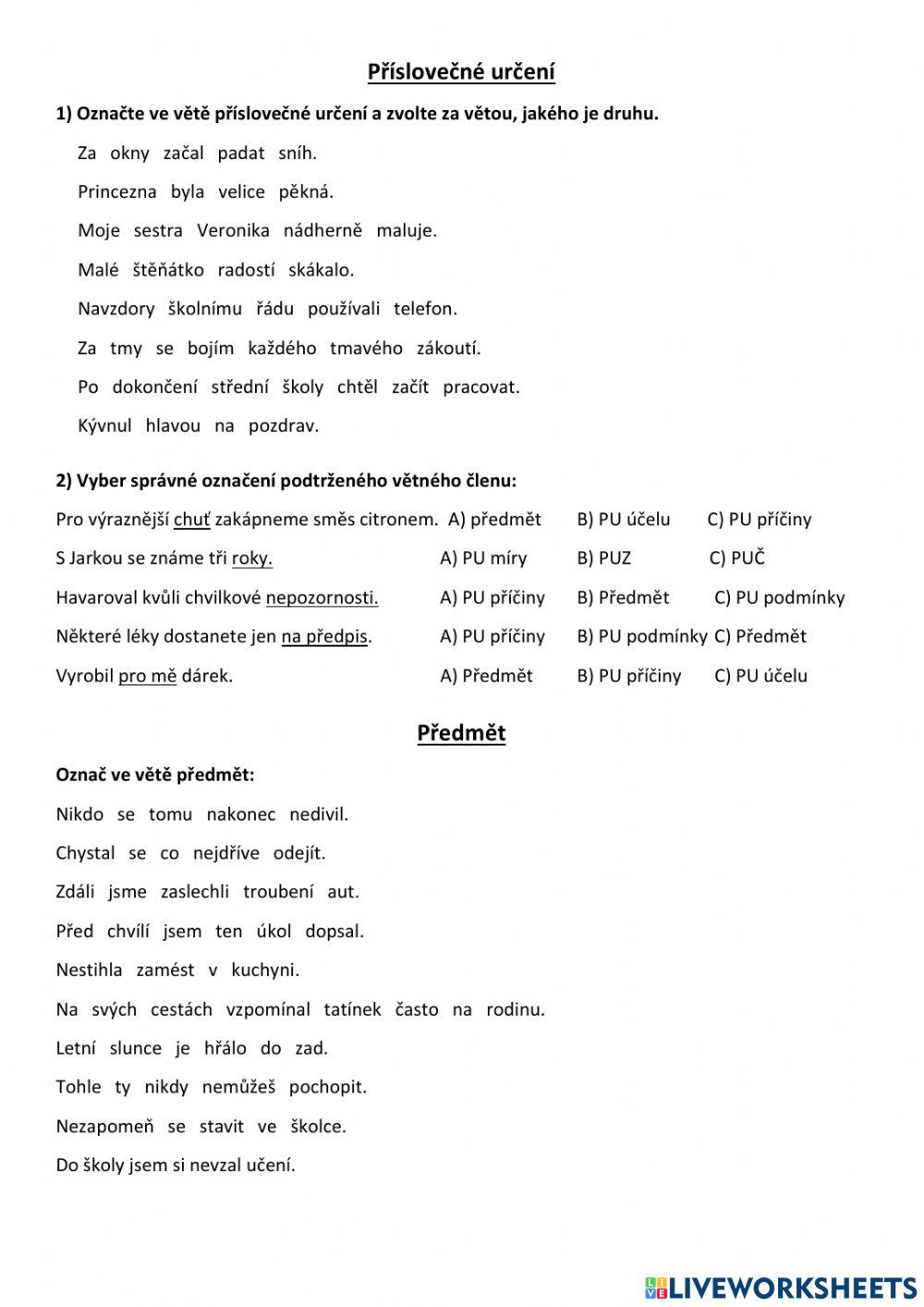 Příslovečné určení, předmět