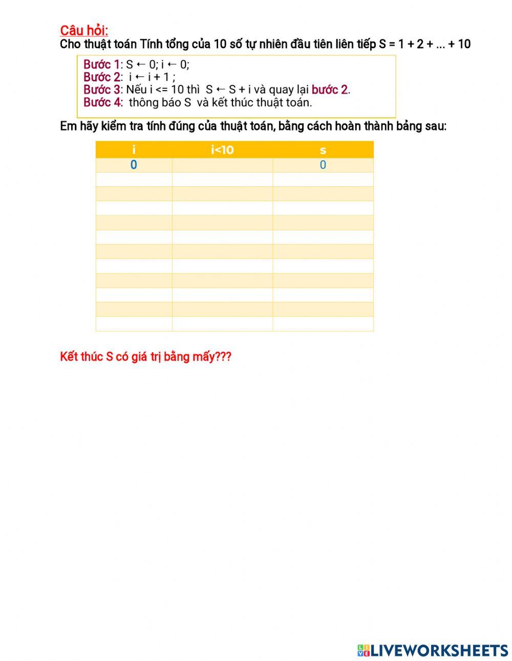 Tính tổng các số từ 1 đến 10