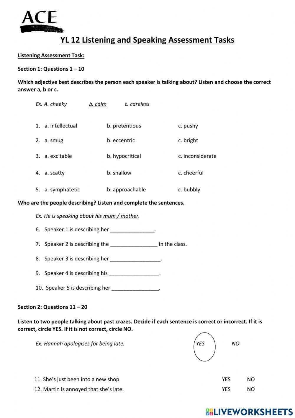 YL 12 Listening Assessment