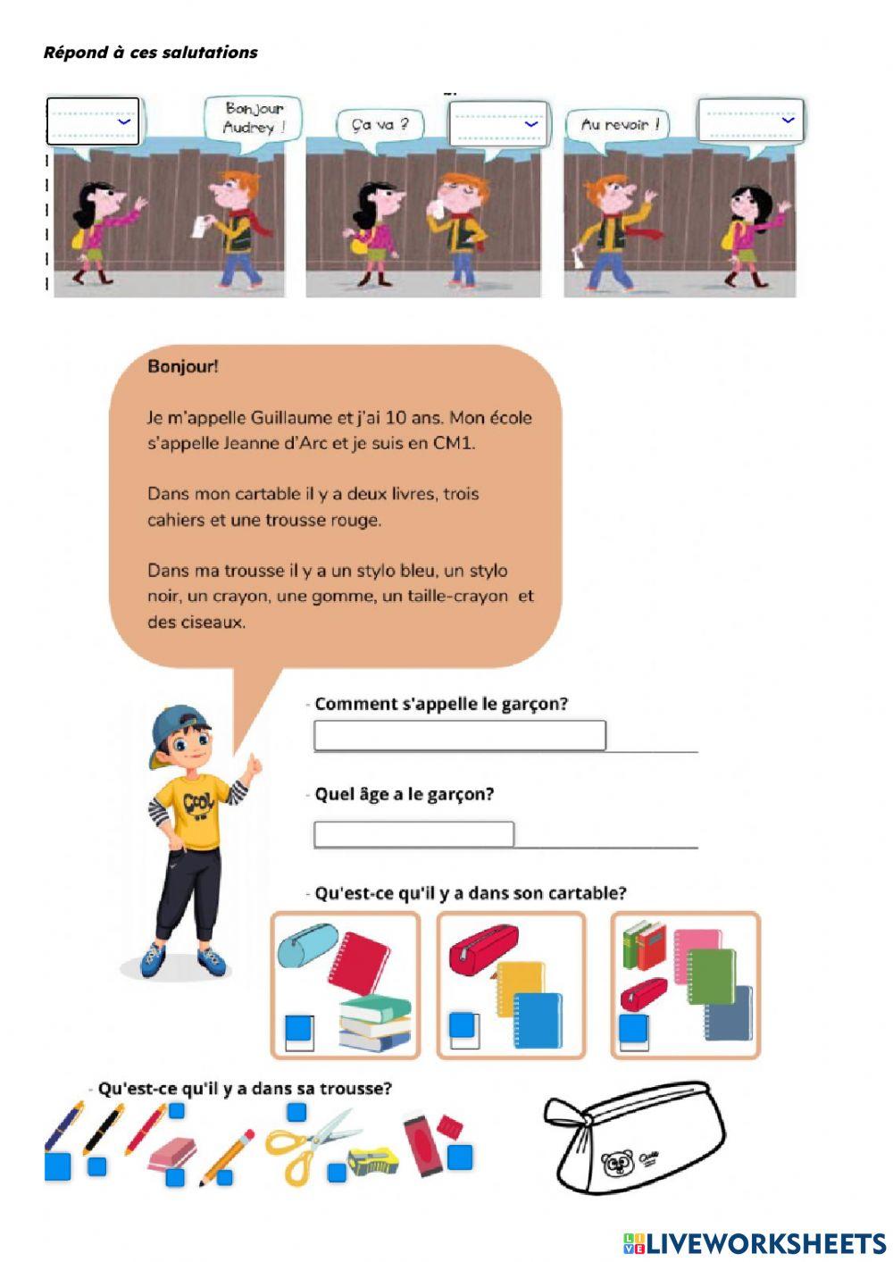 Colores, material escolar, cifras hasta el 20.