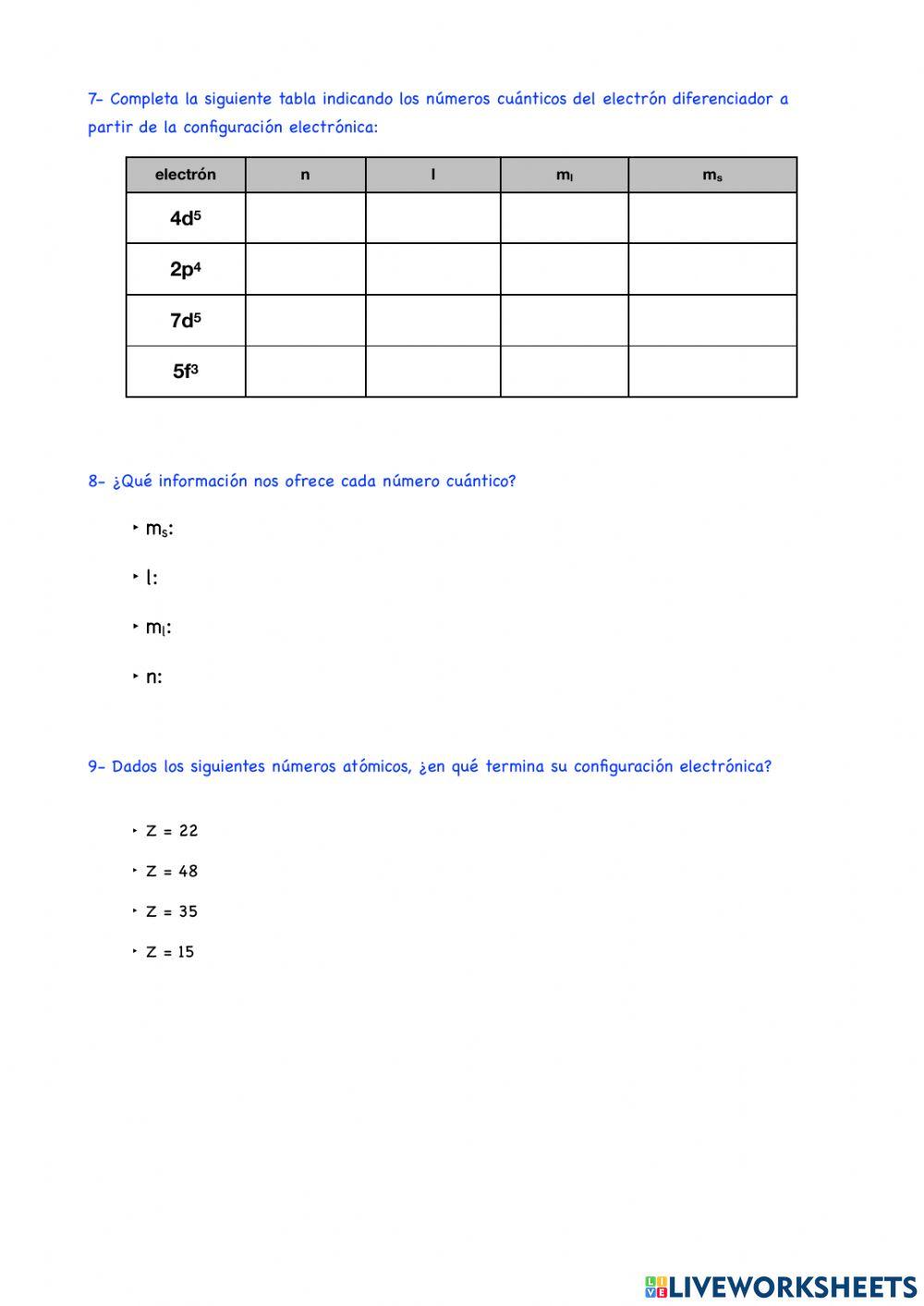 Números cuánticos, configuración electrónica (A)