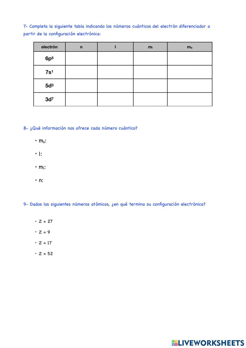 Números cuánticos, configuración electrónica (B)