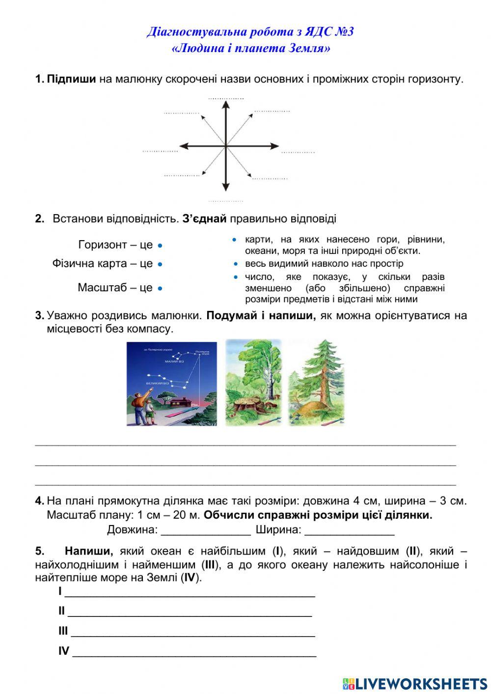 Діагностувальна робота з теми -Людина і планета Земля-