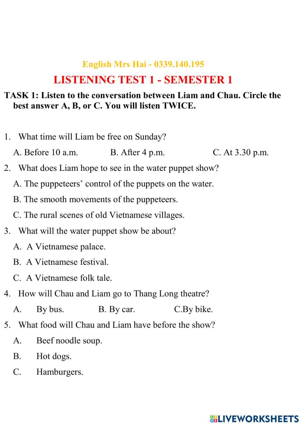 Tiếng Anh 7 - Listening Test 2 - cuối kì 1