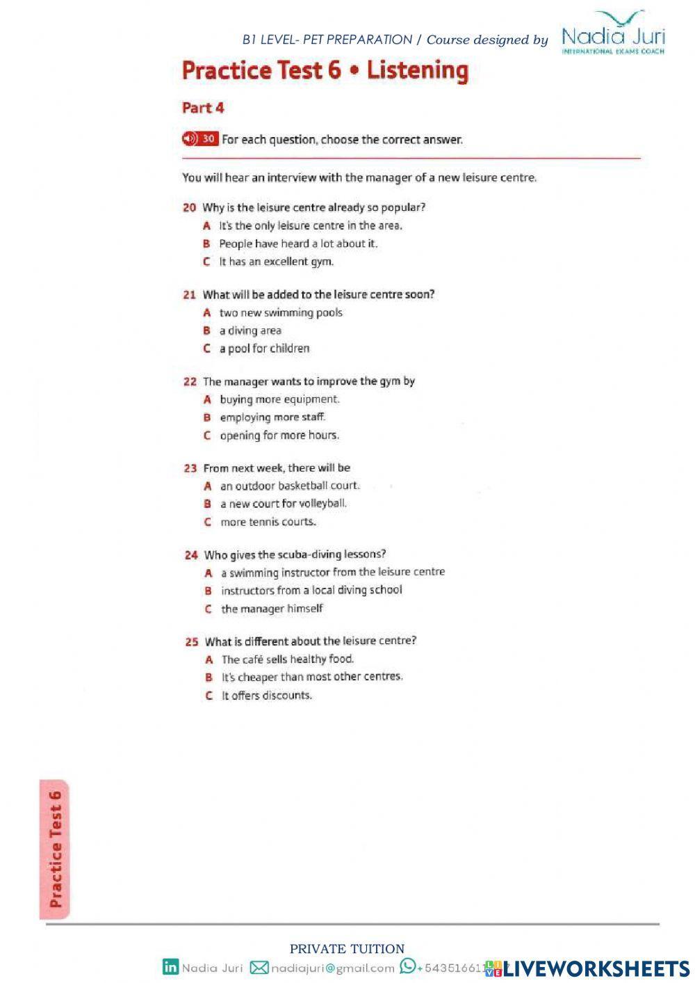 PET OXFORD TRAINER TEST 6 LISTENING