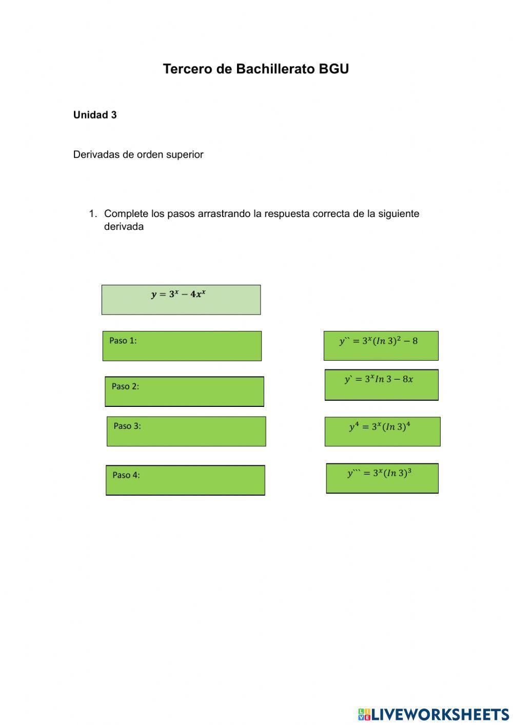 Tercero Bachillerato BGU Unidad 3  Derivadas de orden superior