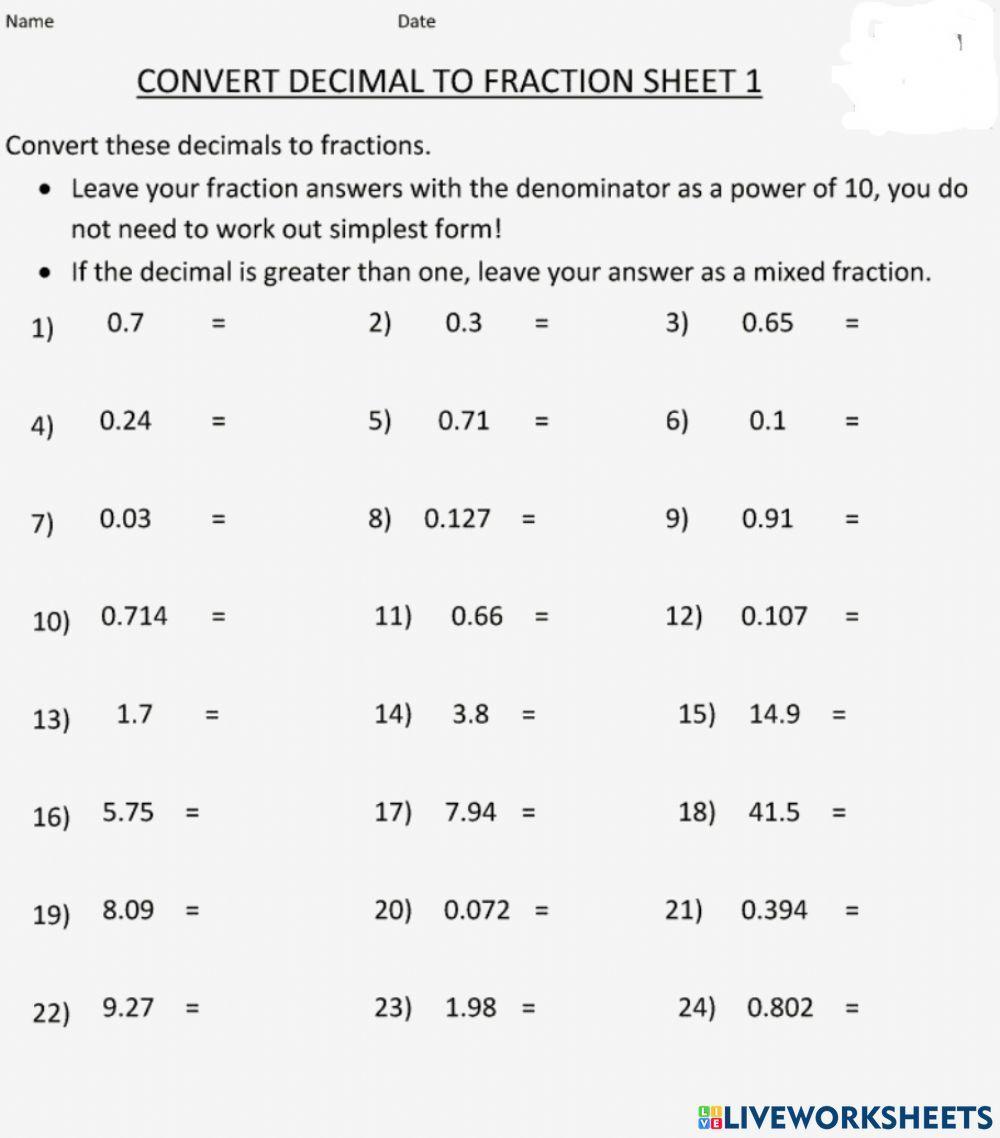 Decimals to fractions grade 4